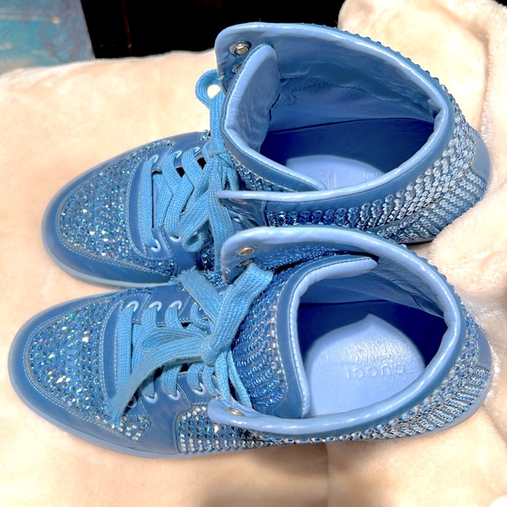 GUCCI 👟 RARE CODA BLUE SATIN LEATHER RHINESTONE CRYSTAL HIGH-TOP SNEAKERS 8.5 - Picture 8 of 15